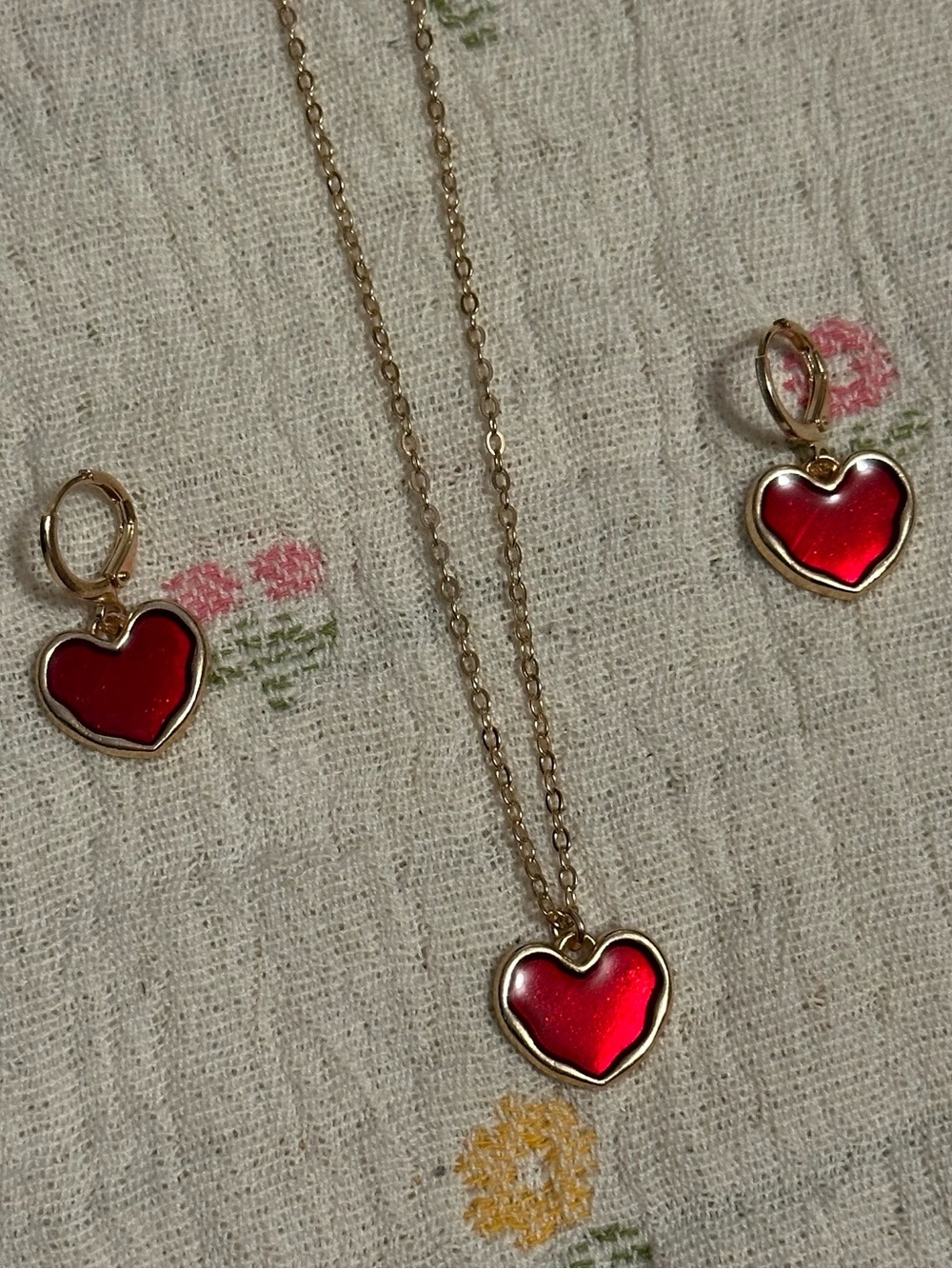 Gold Red Heart Pendant Necklace & Earrings Set